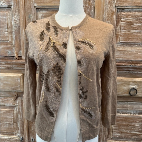 Trina Turk Sweaters - Trina Turk Brown Embellished Merino Wool Cardigan Size Small